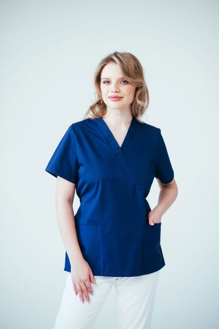Meditsiiniline tööpluus tumesinine paeltega taljel, Рабочая блуза медицинская тёмно-синяя с завязками на талии, Medical blouse dark blue with waist ties